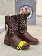 Patron Men’s Cowboy Work Boots, Crazy Horse Leather with Steel Toe and Embroidered Shaft, Square Steel Toe - Brown - OriginalWestern.com