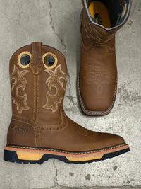 Patron Men’s Cowboy Work Boots, Crazy Horse Leather with Steel Toe and Embroidered Shaft, Square Steel Toe - Tan - OriginalWestern.com