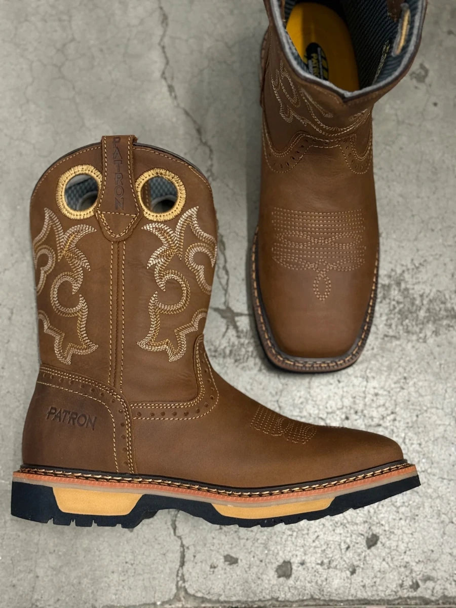 Patron Men’s Cowboy Work Boots, Crazy Horse Leather with Steel Toe and Embroidered Shaft, Square Steel Toe - Tan - OriginalWestern.com
