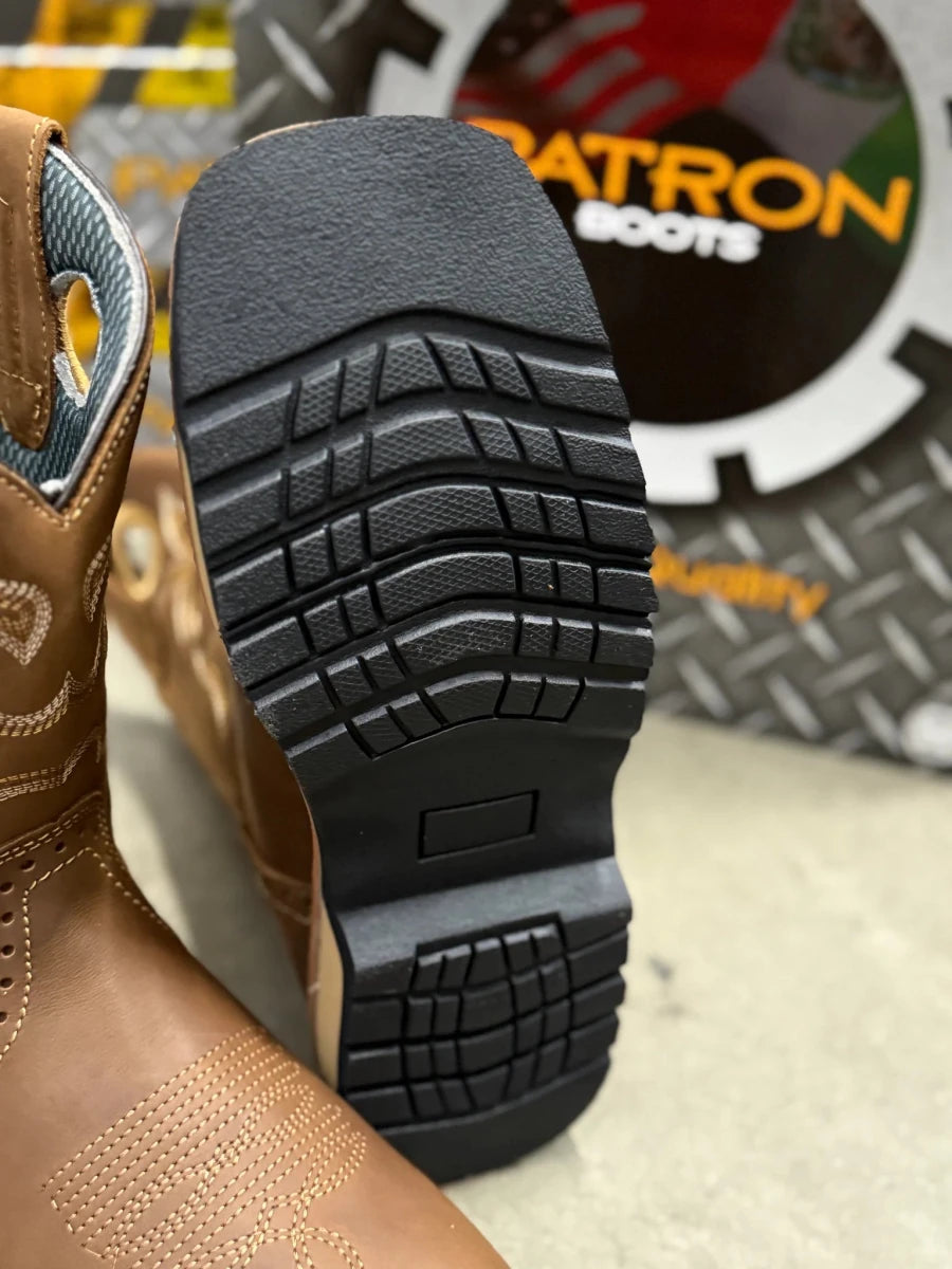 Patron Men’s Cowboy Work Boots, Crazy Horse Leather with Steel Toe and Embroidered Shaft, Square Steel Toe - Tan - OriginalWestern.com