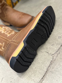 Patron Men’s Cowboy Work Boots, Crazy Horse Leather with Steel Toe and Embroidered Shaft, Square Steel Toe - Tan - OriginalWestern.com