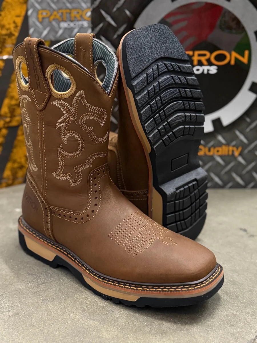Patron Men’s Cowboy Work Boots, Crazy Horse Leather with Steel Toe and Embroidered Shaft, Square Steel Toe - Tan - OriginalWestern.com