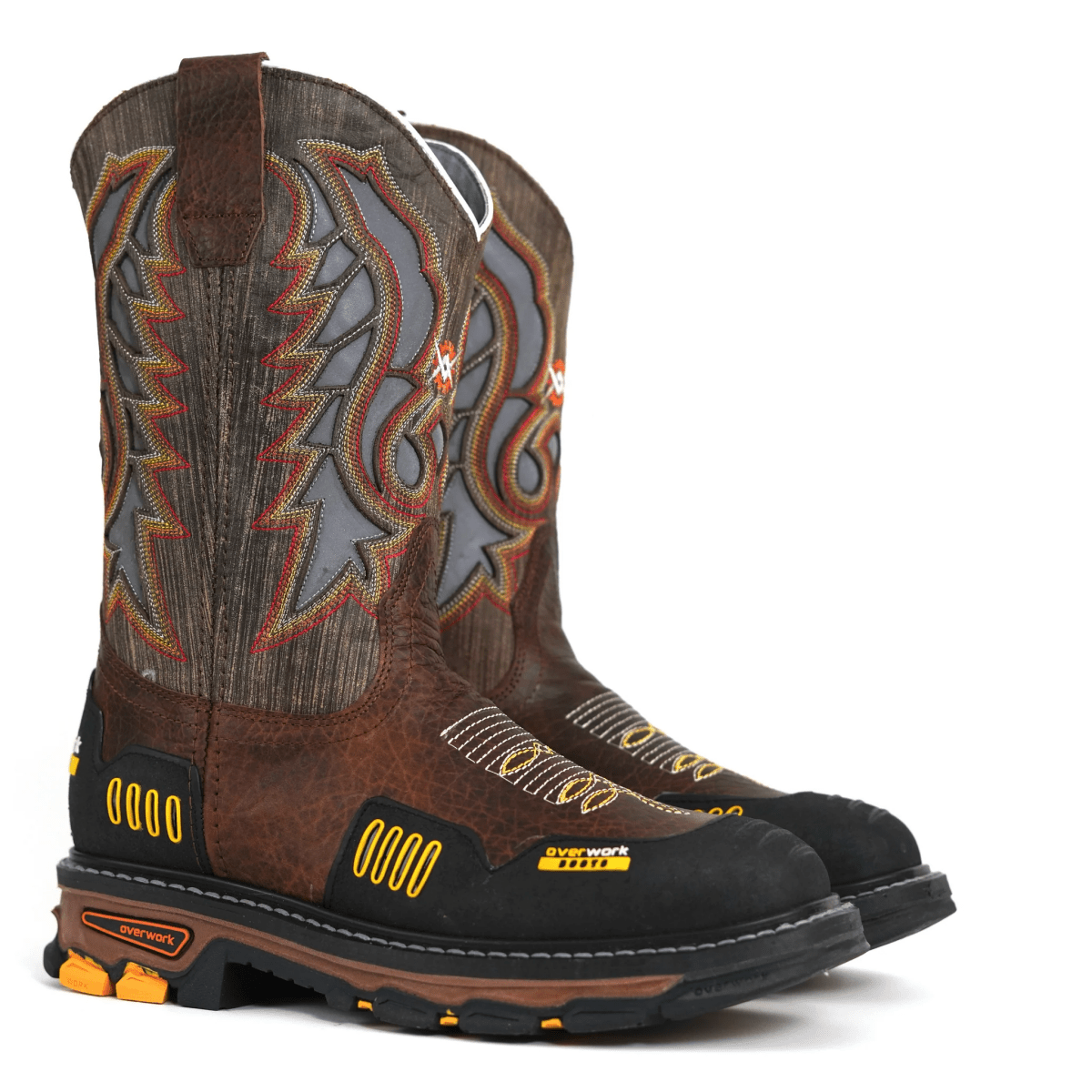 Patron Men’s Cowboy Work Boots, Leather with Embroidered Shaft, Square Steel Toe - Brown - OriginalWestern.com