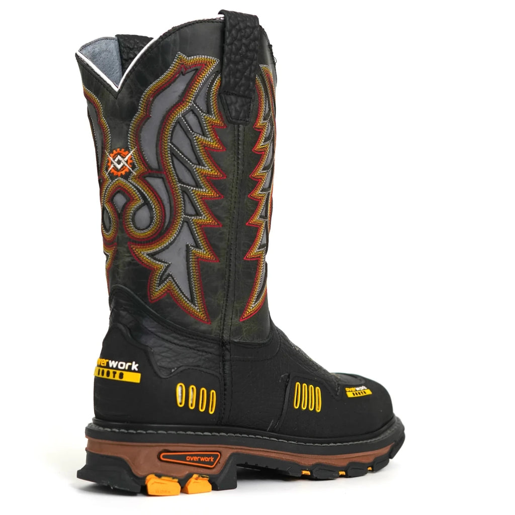 Patron Men’s Cowboy Work Boots, Leather with Steel Toe and Embroidered Shaft, Square Steel Toe - Black - OriginalWestern.com