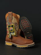 Patron Men’s Cowboy Work Boots, Leather with USA and Mexico Flag Print Shaft, Square Toe - Cognac - OriginalWestern.com
