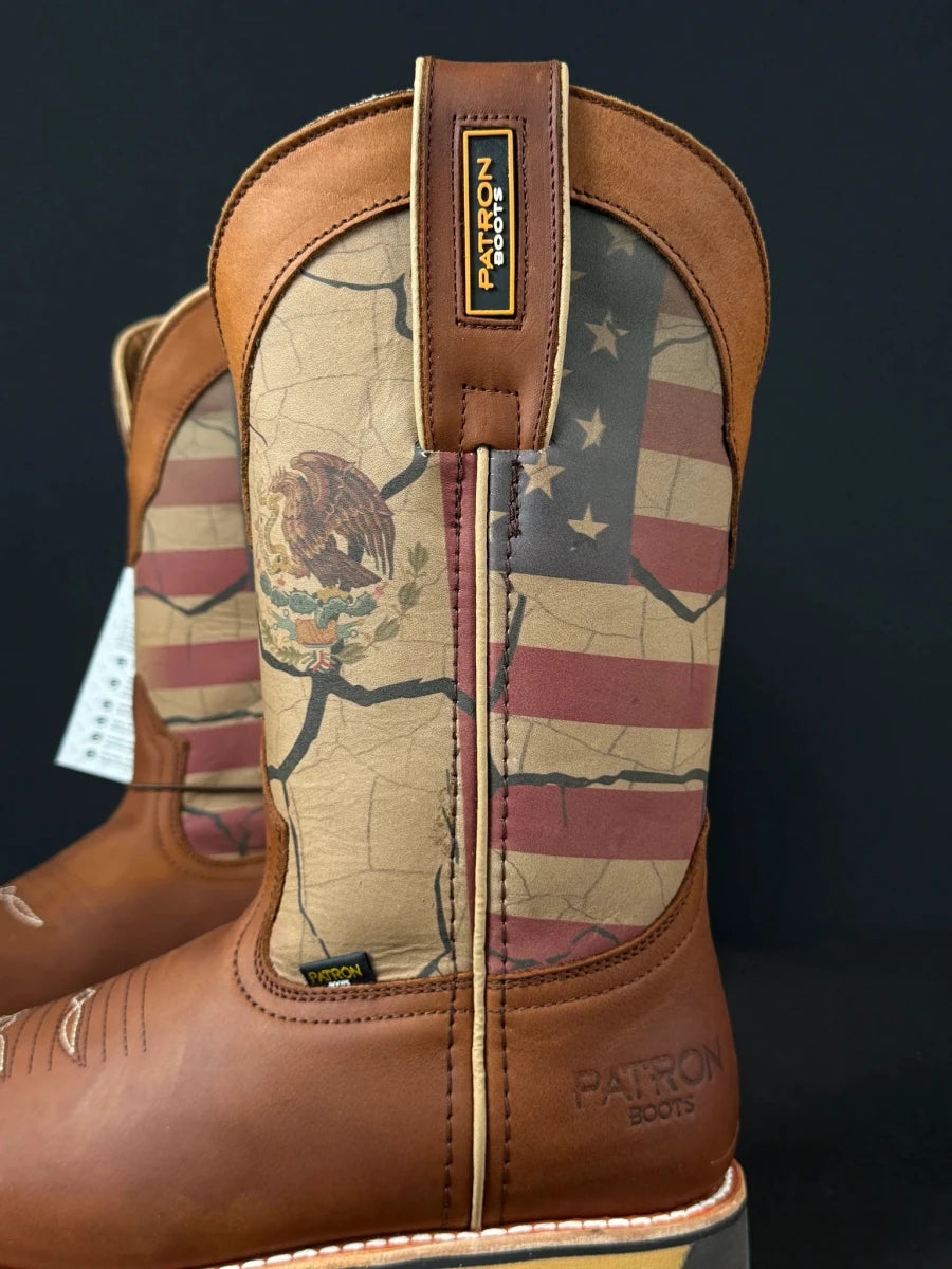 Patron Men’s Cowboy Work Boots, Leather with USA and Mexico Flag Print Shaft, Square Toe - Cognac - OriginalWestern.com