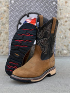 Patron Men’s Cowboy Work Boots, Two-Tone Crazy Horse Leather with Embroidered Shaft, Square Toe - Tan/Black - OriginalWestern.com