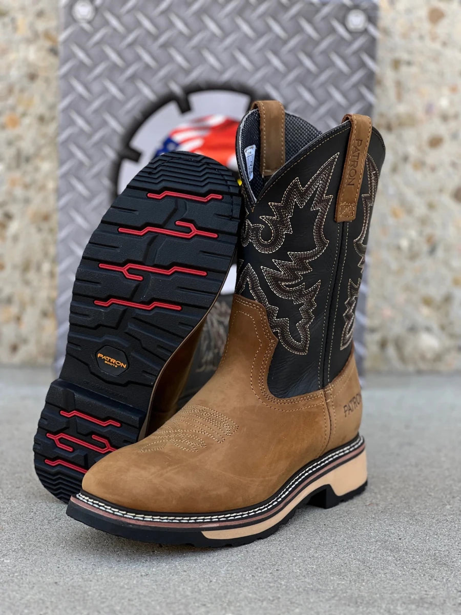 Patron Men’s Cowboy Work Boots, Two-Tone Crazy Horse Leather with Embroidered Shaft, Square Toe - Tan/Black - OriginalWestern.com