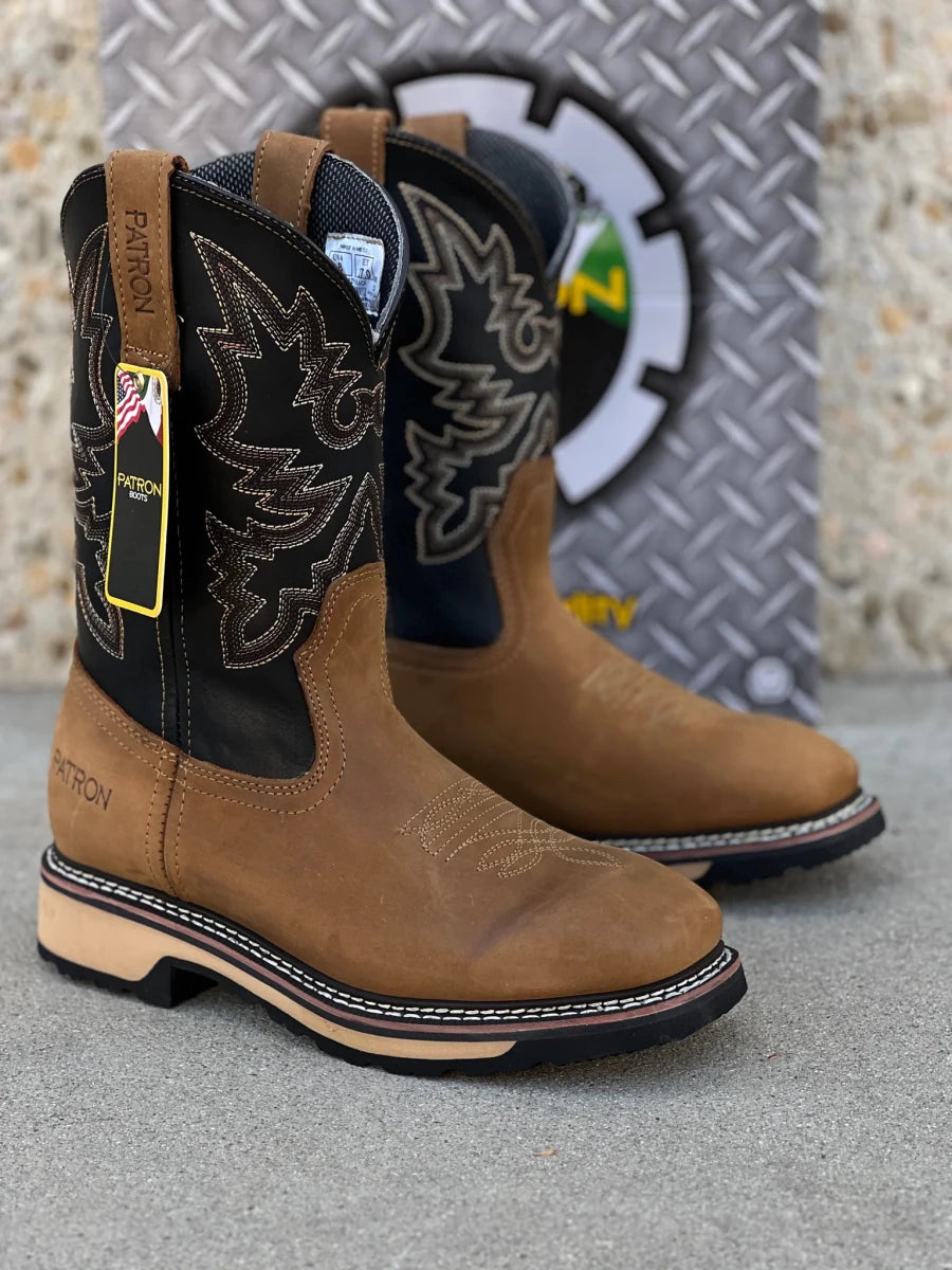 Patron Men’s Cowboy Work Boots, Two-Tone Crazy Horse Leather with Embroidered Shaft, Square Toe - Tan/Black - OriginalWestern.com