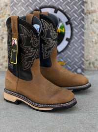 Patron Men’s Cowboy Work Boots, Two-Tone Crazy Horse Leather with Embroidered Shaft, Square Toe - Tan/Black - OriginalWestern.com