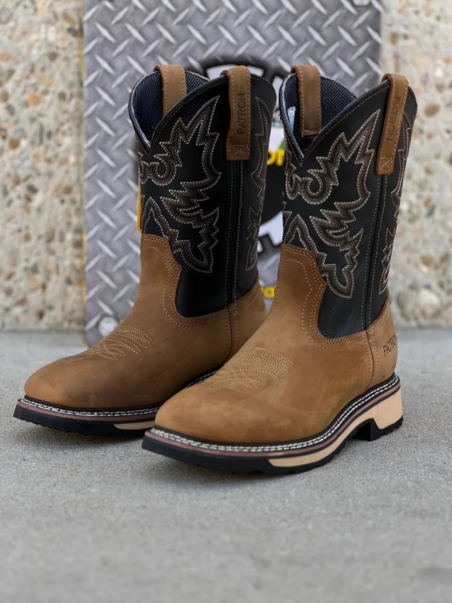 Patron Men’s Cowboy Work Boots, Two-Tone Crazy Horse Leather with Embroidered Shaft, Square Toe - Tan/Black - OriginalWestern.com