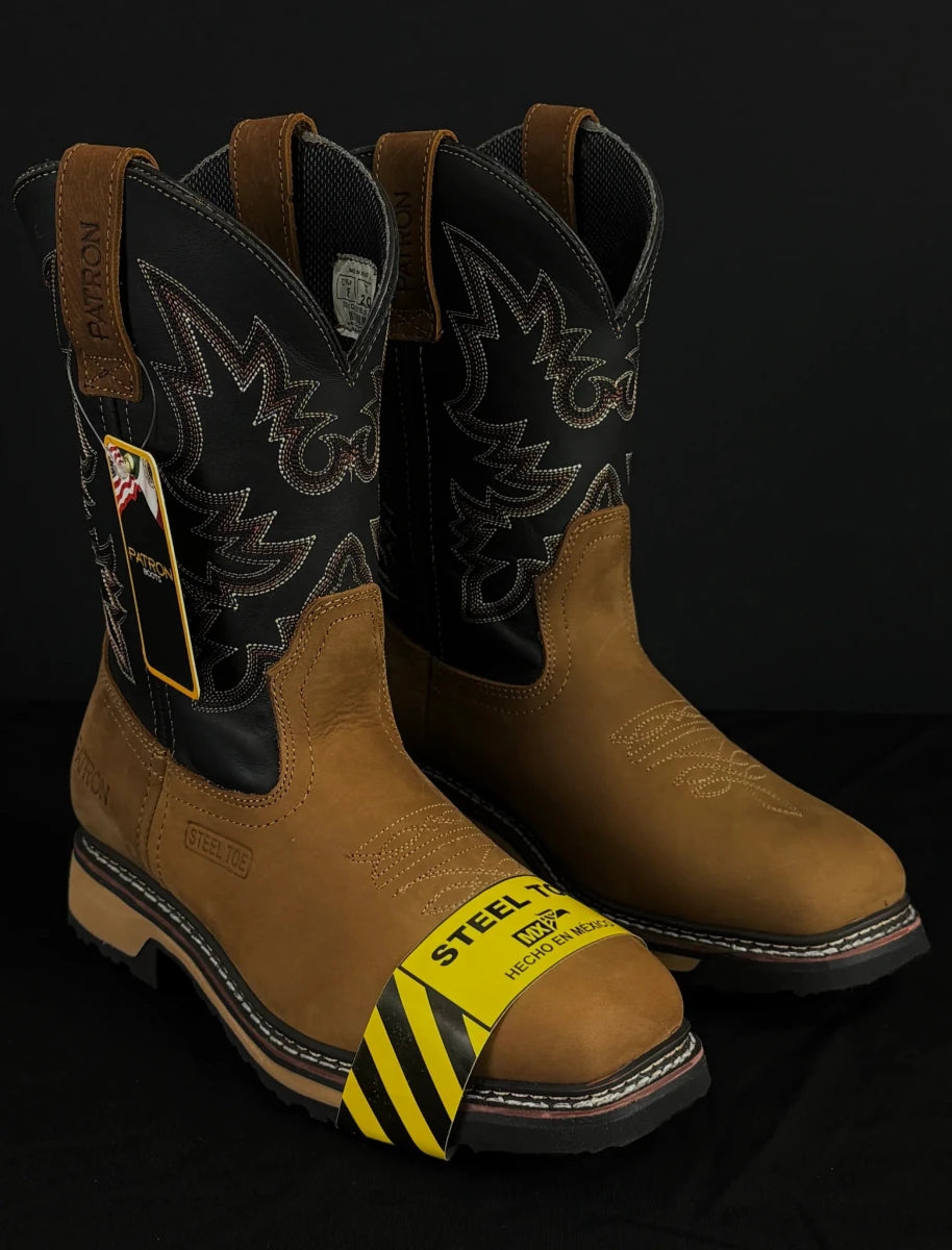 Patron Men’s Cowboy Work Boots, Two-Tone Crazy Horse Leather with Steel Toe and Embroidered Shaft, Square Steel Toe - Tan/Black - OriginalWestern.com