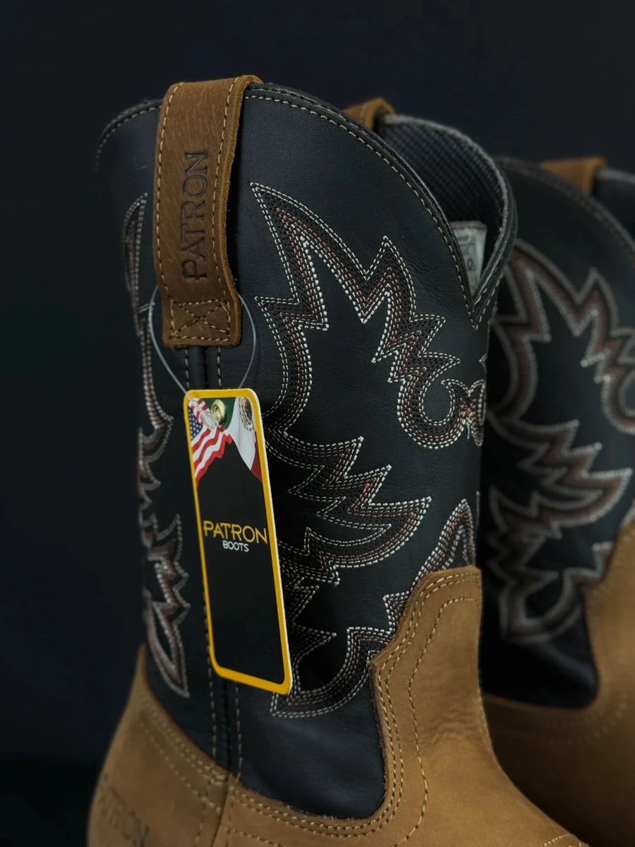 Patron Men’s Cowboy Work Boots, Two-Tone Crazy Horse Leather with Steel Toe and Embroidered Shaft, Square Steel Toe - Tan/Black - OriginalWestern.com