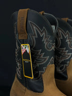 Patron Men’s Cowboy Work Boots, Two-Tone Crazy Horse Leather with Steel Toe and Embroidered Shaft, Square Steel Toe - Tan/Black - OriginalWestern.com