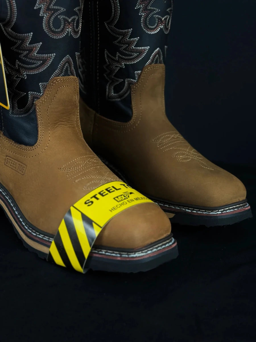 Patron Men’s Cowboy Work Boots, Two-Tone Crazy Horse Leather with Steel Toe and Embroidered Shaft, Square Steel Toe - Tan/Black - OriginalWestern.com