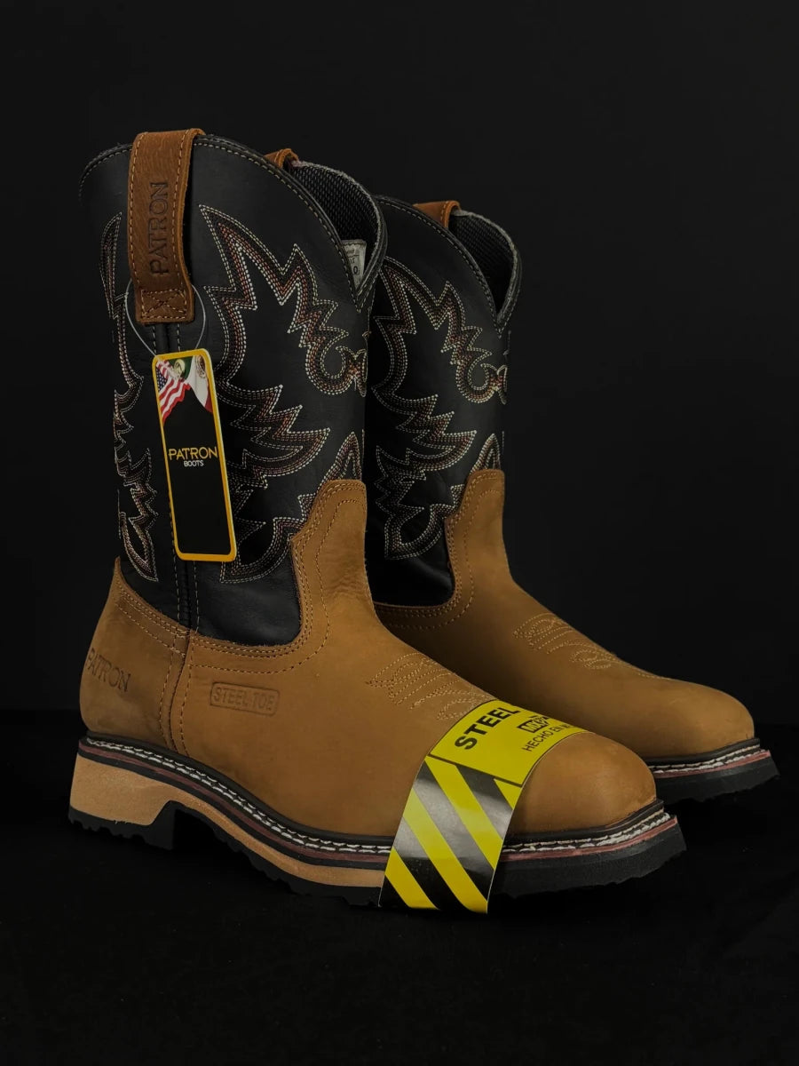 Patron Men’s Cowboy Work Boots, Two-Tone Crazy Horse Leather with Steel Toe and Embroidered Shaft, Square Steel Toe - Tan/Black - OriginalWestern.com