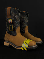Patron Men’s Cowboy Work Boots, Two-Tone Crazy Horse Leather with Steel Toe and Embroidered Shaft, Square Steel Toe - Tan/Black - OriginalWestern.com