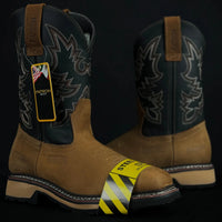 Patron Men’s Cowboy Work Boots, Two-Tone Crazy Horse Leather with Steel Toe and Embroidered Shaft, Square Steel Toe - Tan/Black - OriginalWestern.com