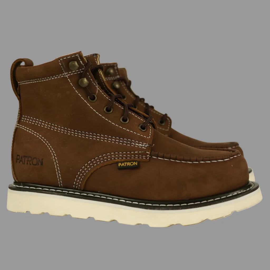 Patron Men’s Lace-Up Work Boots, Crazy Horse Leather with Wedge Sole, Moc Toe - Brown - OriginalWestern.com