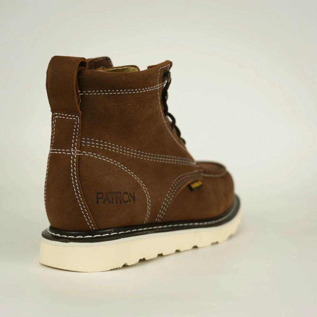 Patron Men’s Lace-Up Work Boots, Crazy Horse Leather with Wedge Sole, Moc Toe - Brown - OriginalWestern.com