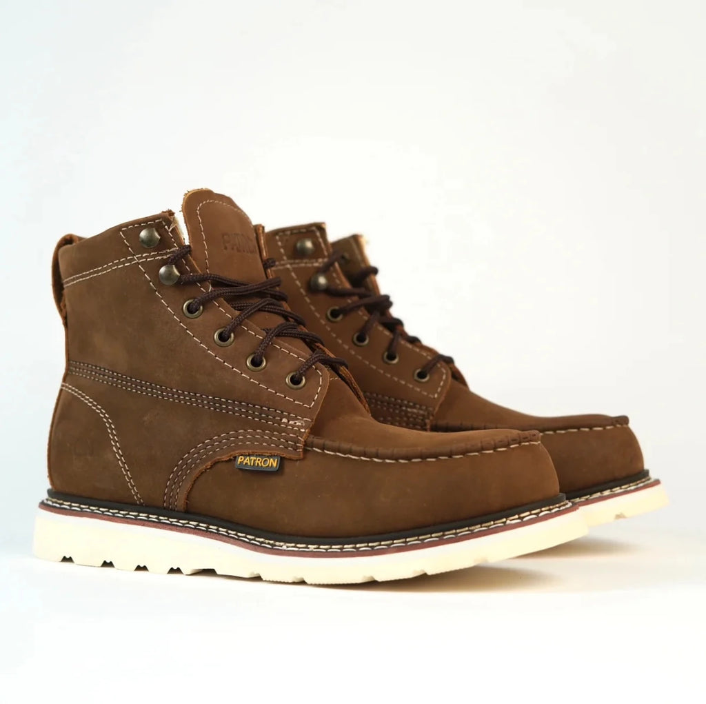 Patron Men’s Lace-Up Work Boots, Crazy Horse Leather with Wedge Sole, Moc Toe - Brown - OriginalWestern.com