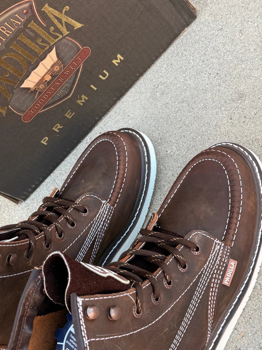 Patron Men’s Lace-Up Work Boots, Crazy Horse Leather with Wedge Sole, Moc Toe - Tobacco Brown - OriginalWestern.com