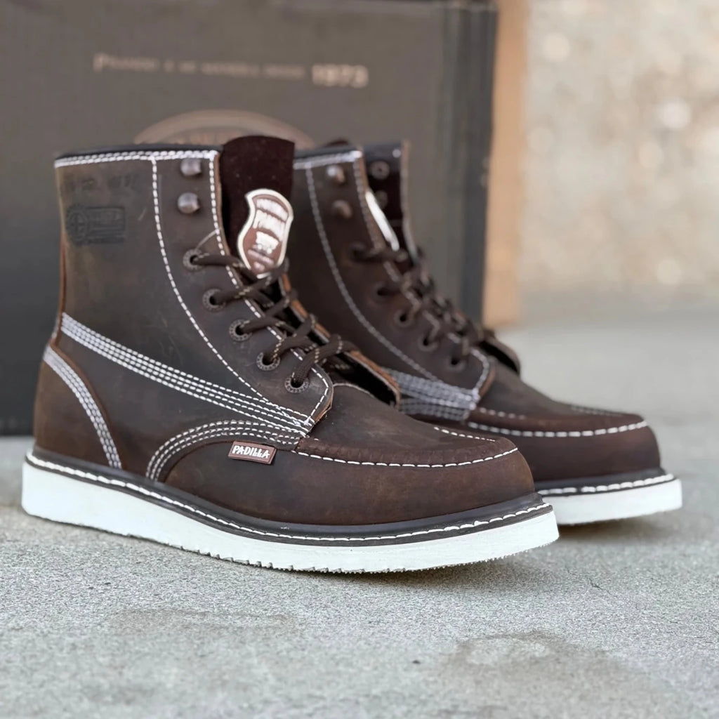 Patron Men’s Lace-Up Work Boots, Crazy Horse Leather with Wedge Sole, Moc Toe - Tobacco Brown - OriginalWestern.com