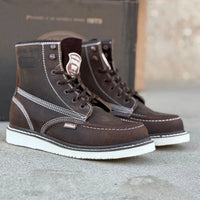 Patron Men’s Lace-Up Work Boots, Crazy Horse Leather with Wedge Sole, Moc Toe - Tobacco Brown - OriginalWestern.com