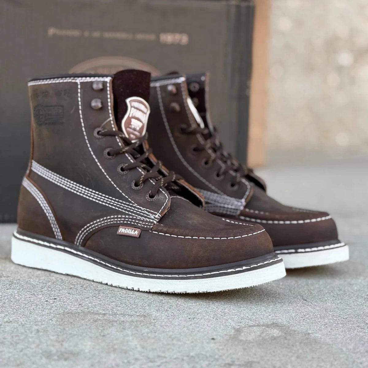 Patron Men’s Lace-Up Work Boots, Crazy Horse Leather with Wedge Sole, Moc Toe - Tobacco Brown - OriginalWestern.com