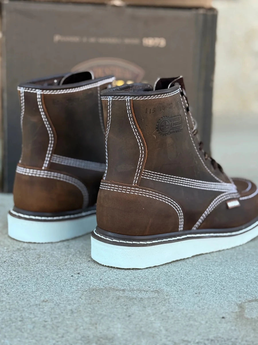 Patron Men’s Lace-Up Work Boots, Crazy Horse Leather with Wedge Sole, Moc Toe - Tobacco Brown - OriginalWestern.com