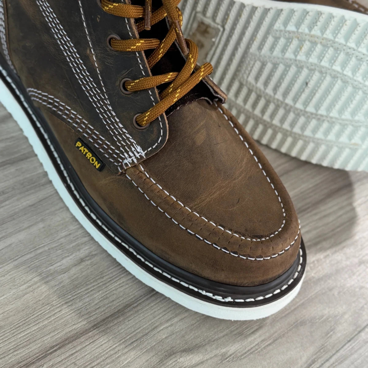 Patron Men’s Lace-Up Work Boots, Crazy Horse Leather with Wedge Sole, Moc Toe - Tobacco Brown - OriginalWestern.com