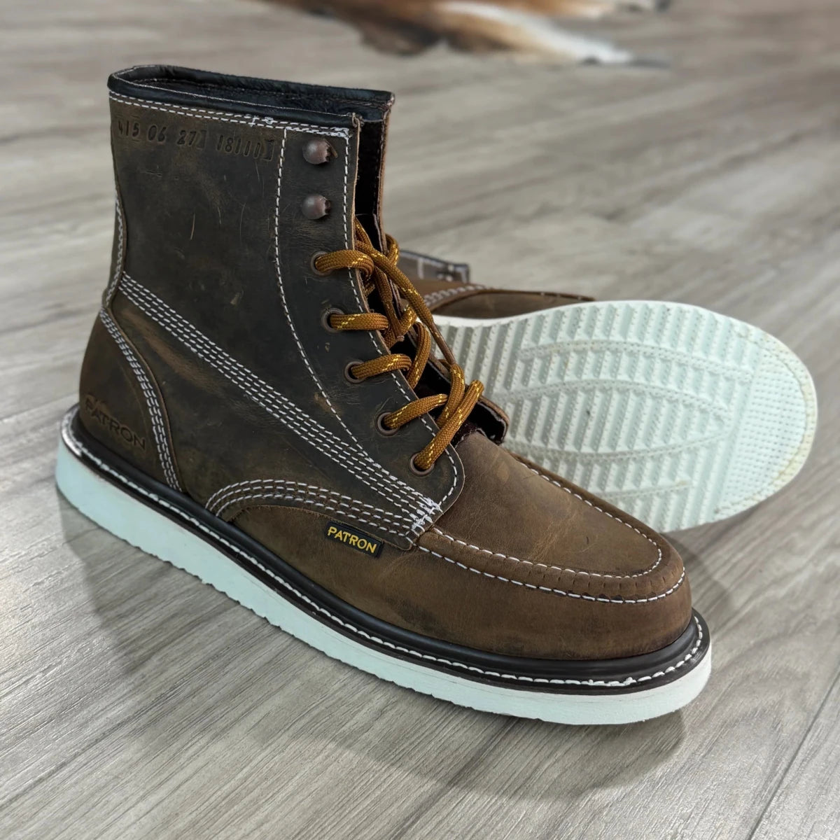 Patron Men’s Lace-Up Work Boots, Crazy Horse Leather with Wedge Sole, Moc Toe - Tobacco Brown - OriginalWestern.com