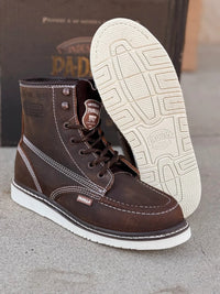 Patron Men’s Lace-Up Work Boots, Crazy Horse Leather with Wedge Sole, Moc Toe - Tobacco Brown - OriginalWestern.com