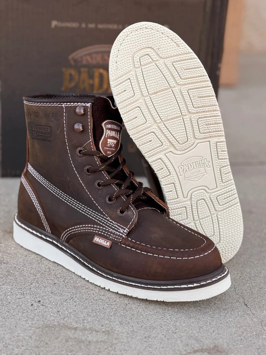 Patron Men’s Lace-Up Work Boots, Crazy Horse Leather with Wedge Sole, Moc Toe - Tobacco Brown - OriginalWestern.com