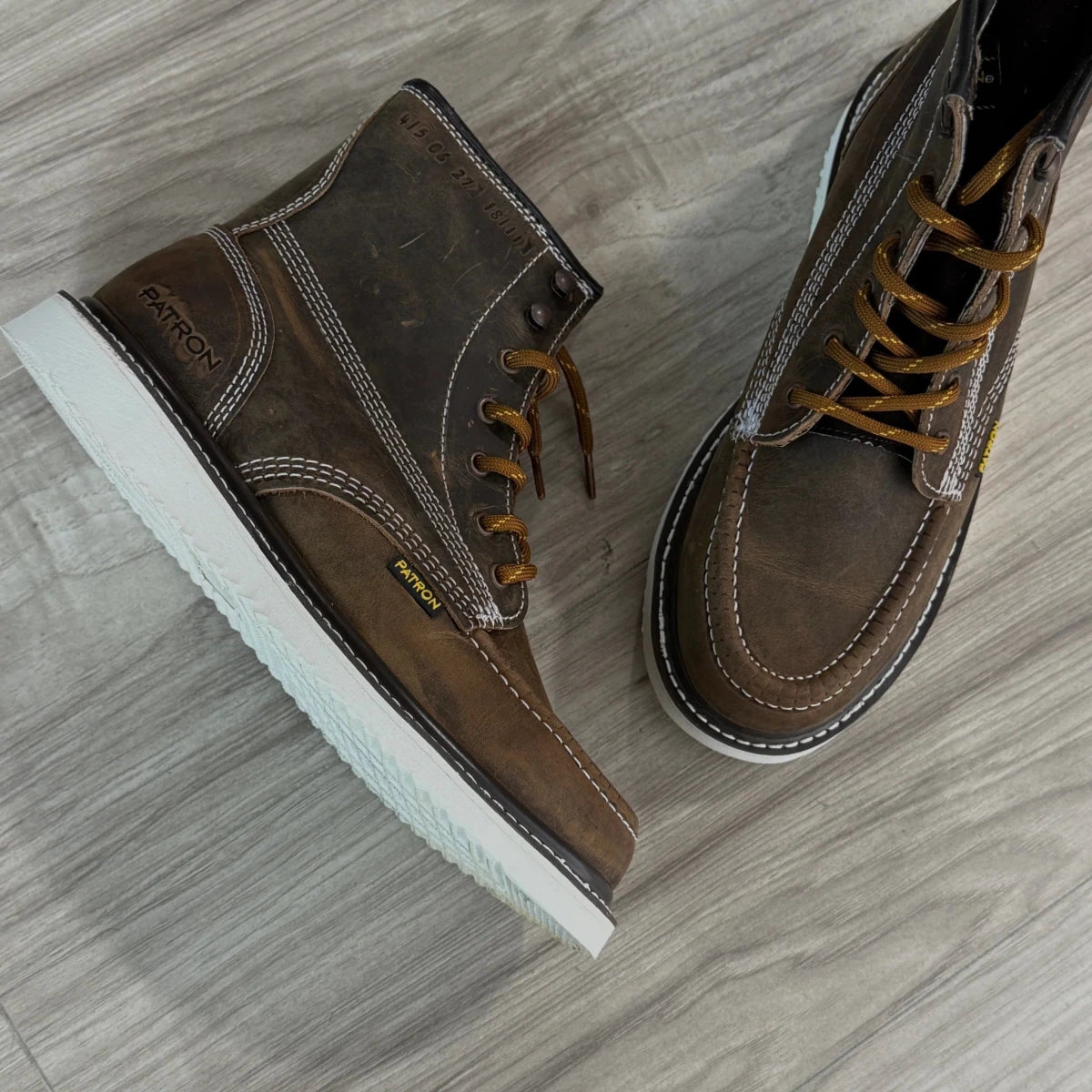 Patron Men’s Lace-Up Work Boots, Crazy Horse Leather with Wedge Sole, Moc Toe - Tobacco Brown - OriginalWestern.com