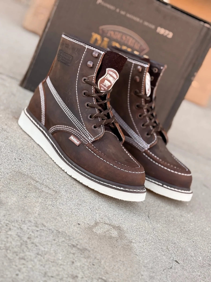 Patron Men’s Lace-Up Work Boots, Crazy Horse Leather with Wedge Sole, Moc Toe - Tobacco Brown - OriginalWestern.com