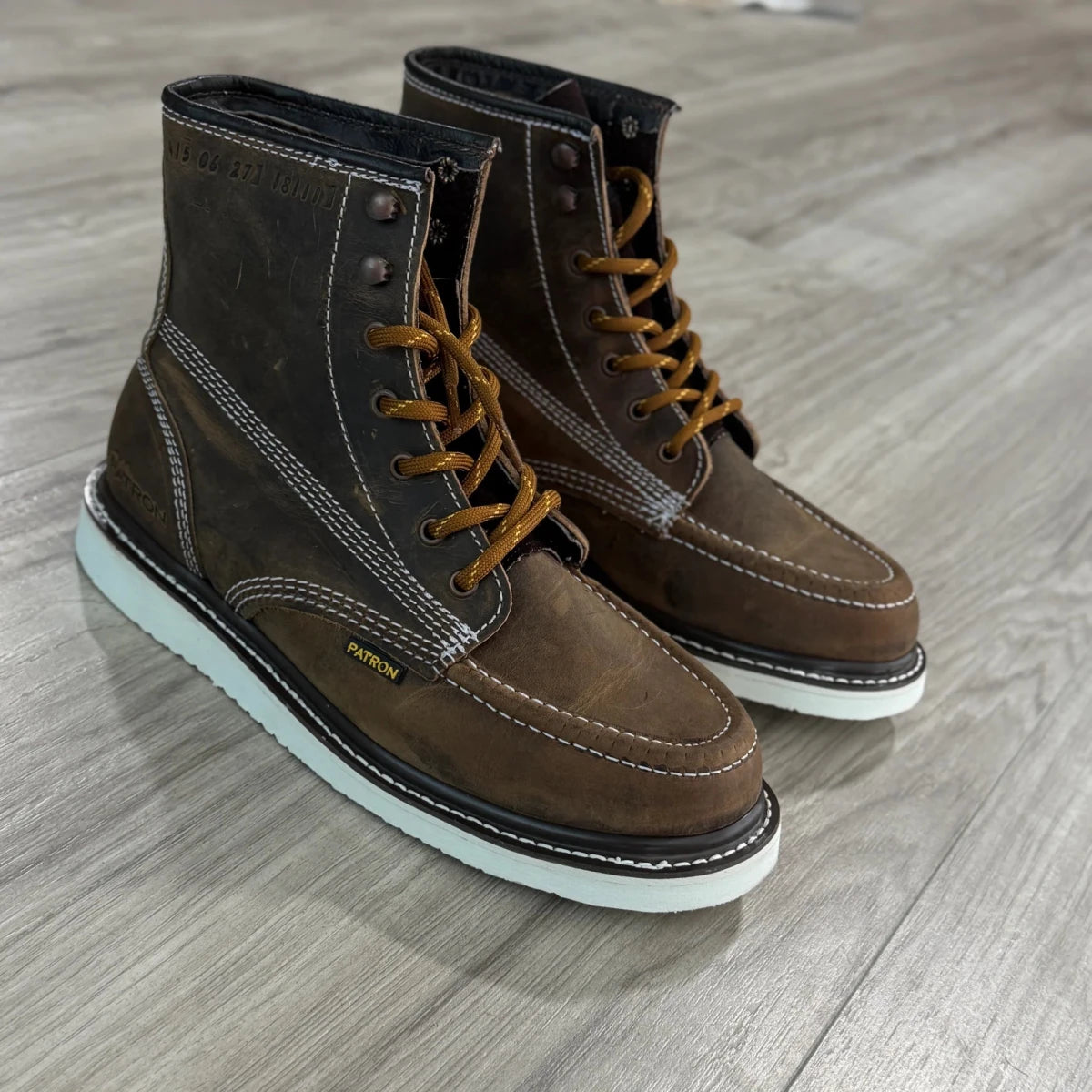 Patron Men’s Lace-Up Work Boots, Crazy Horse Leather with Wedge Sole, Moc Toe - Tobacco Brown - OriginalWestern.com