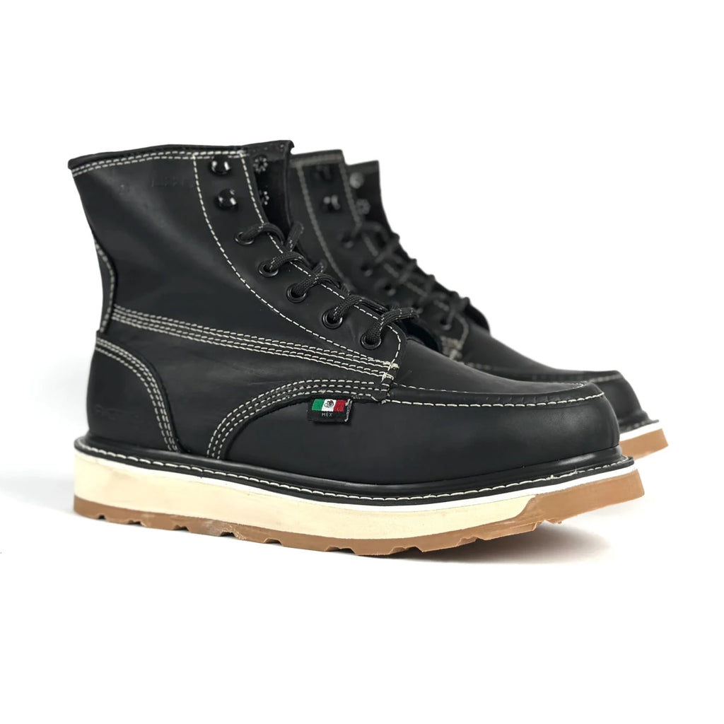 Patron Men’s Lace-Up Work Boots, Leather with Cream Wedge Sole, Moc Toe - Black - OriginalWestern.com