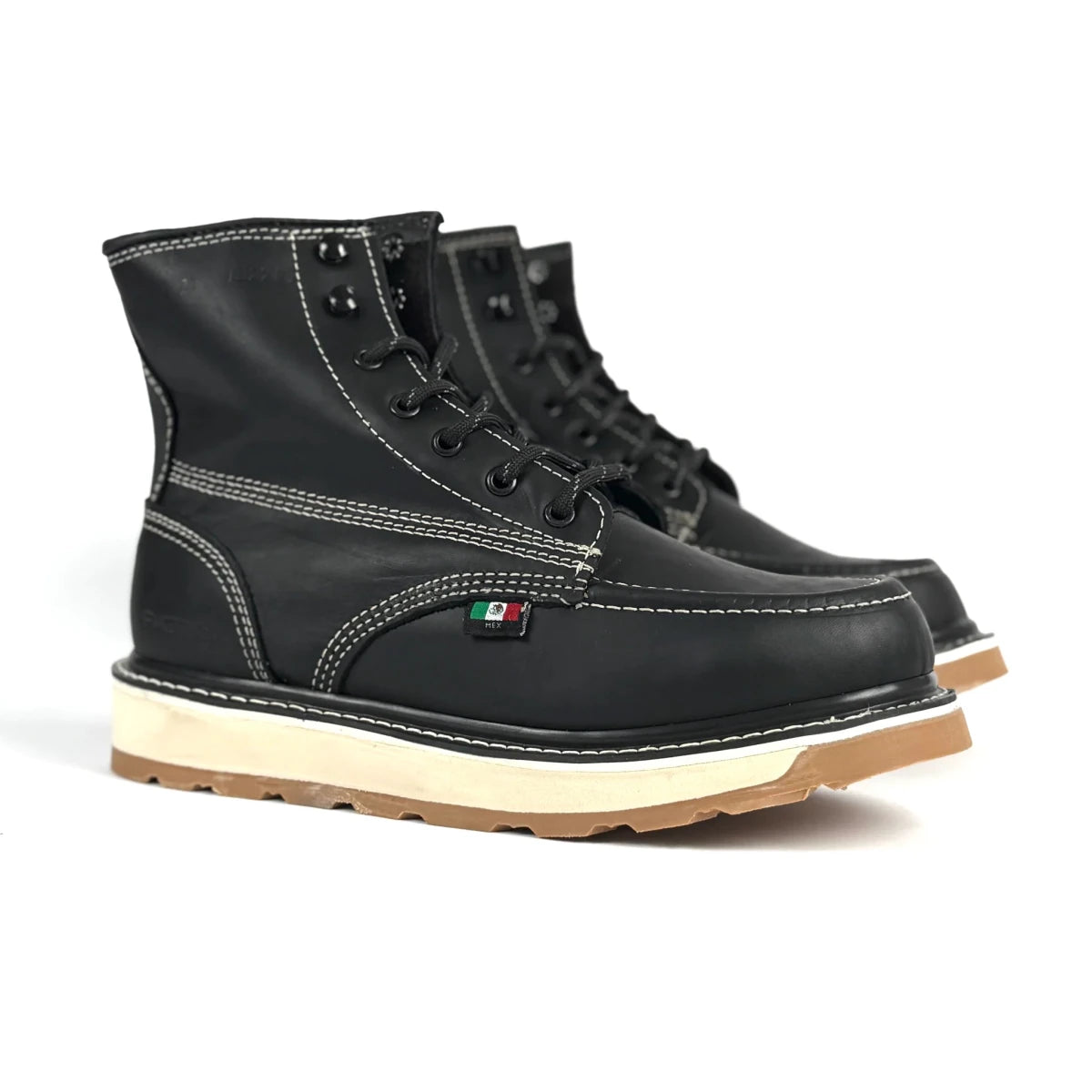 Patron Men’s Lace-Up Work Boots, Leather with Cream Wedge Sole, Moc Toe - Black - OriginalWestern.com