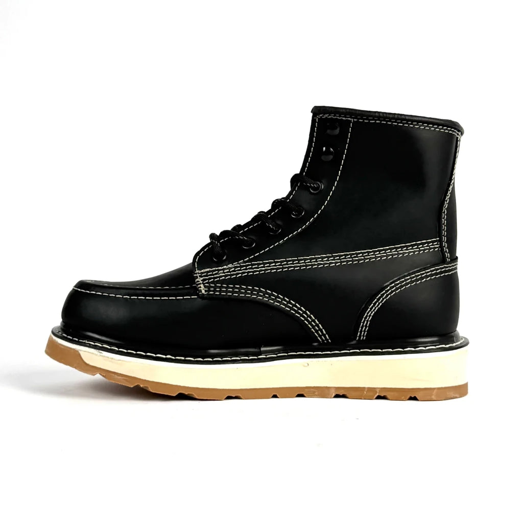 Patron Men’s Lace-Up Work Boots, Leather with Cream Wedge Sole, Moc Toe - Black - OriginalWestern.com