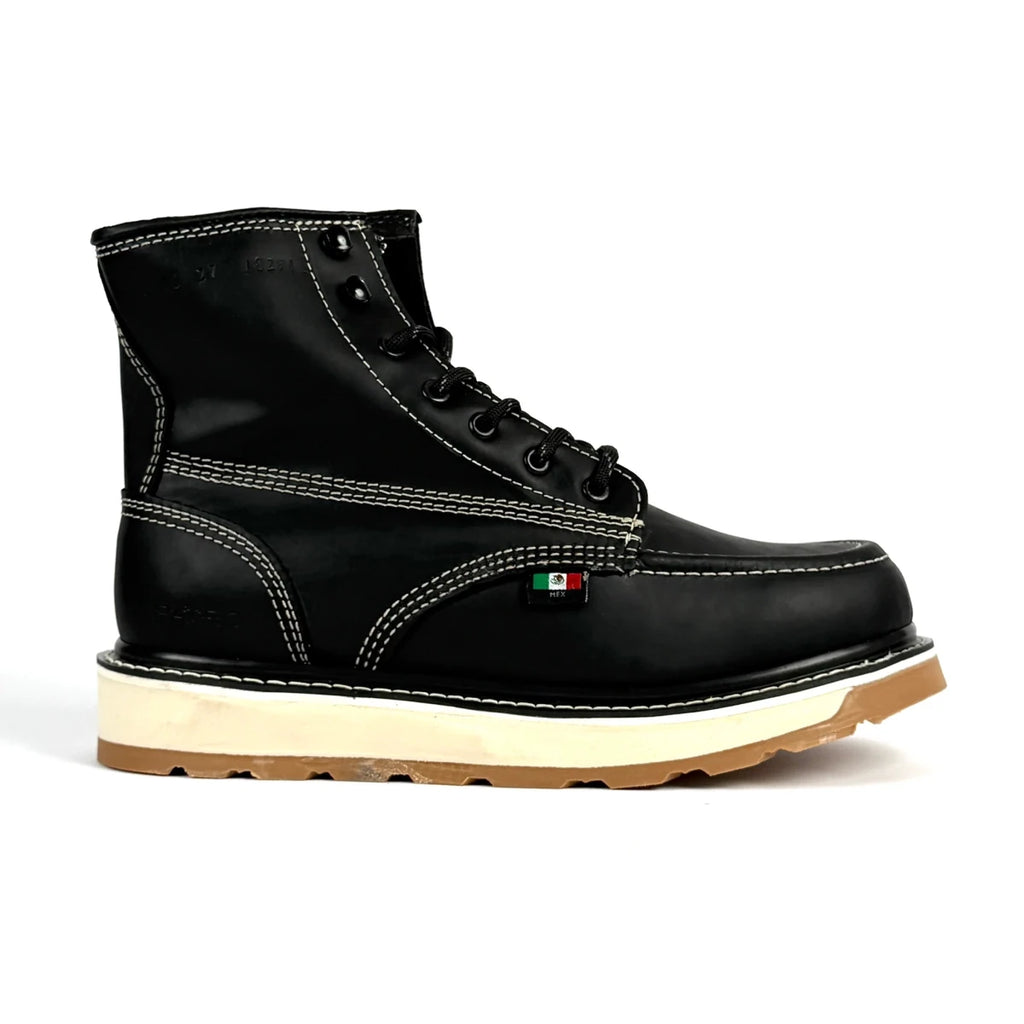 Patron Men’s Lace-Up Work Boots, Leather with Cream Wedge Sole, Moc Toe - Black - OriginalWestern.com