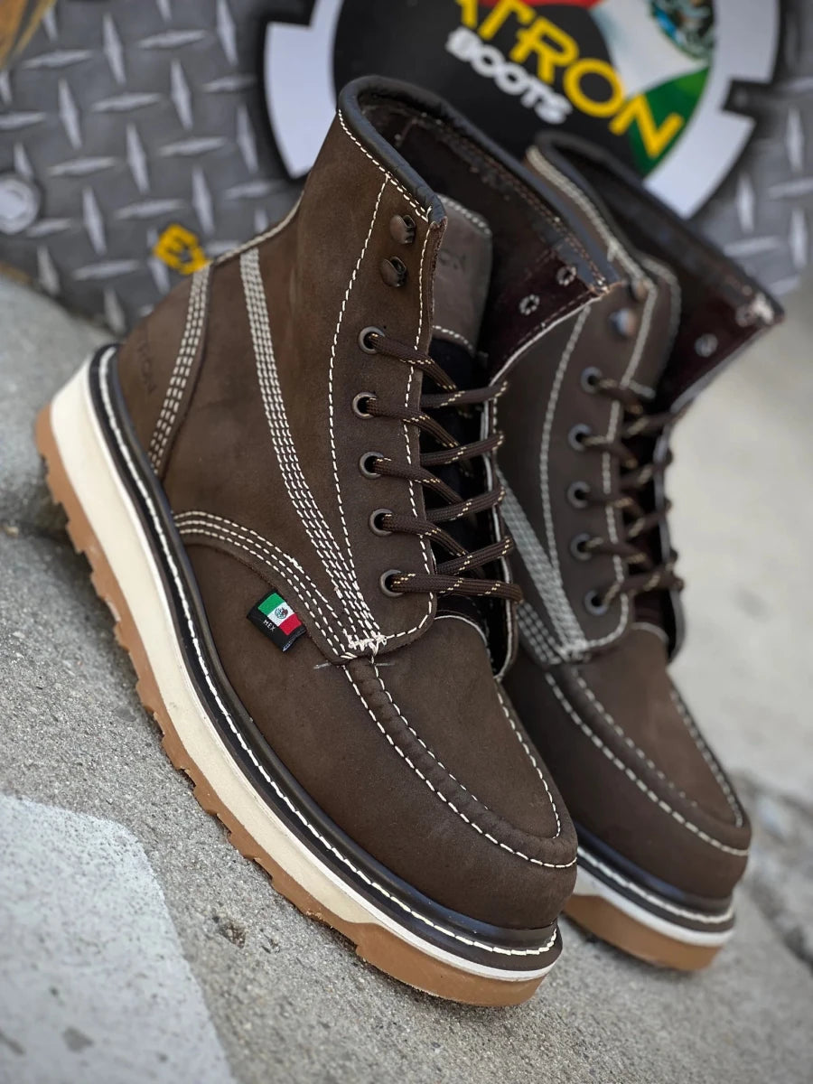 Patron Men’s Lace-Up Work Boots, Leather with Cream Wedge Sole, Moc Toe - Brown - OriginalWestern.com