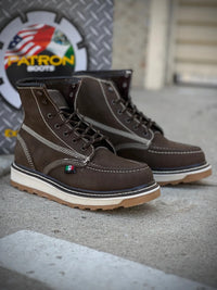 Patron Men’s Lace-Up Work Boots, Leather with Cream Wedge Sole, Moc Toe - Brown - OriginalWestern.com