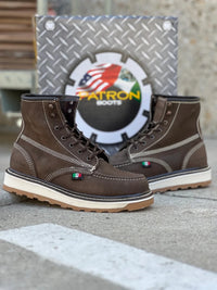 Patron Men’s Lace-Up Work Boots, Leather with Cream Wedge Sole, Moc Toe - Brown - OriginalWestern.com