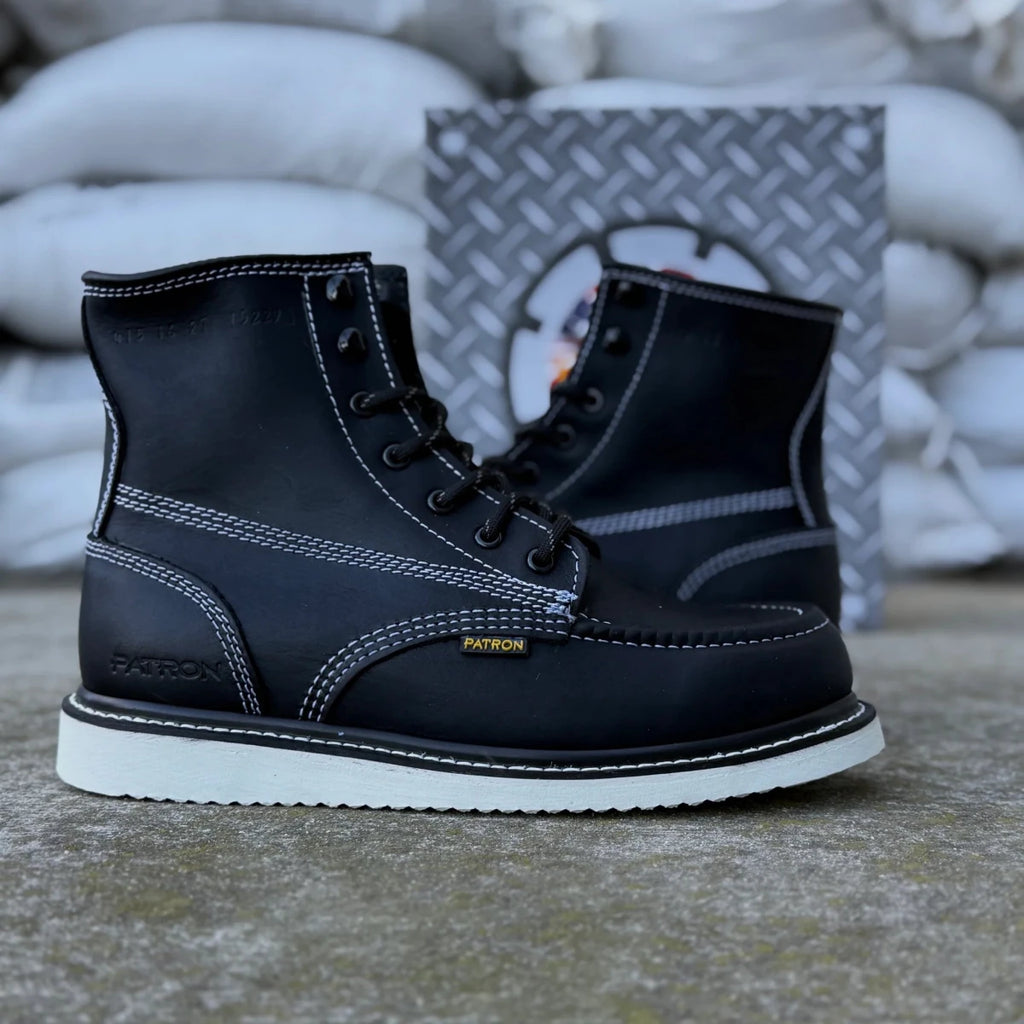 Patron Men’s Lace-Up Work Boots, Leather with Soft Toe and Wedge Sole, Moc Toe - Black - OriginalWestern.com