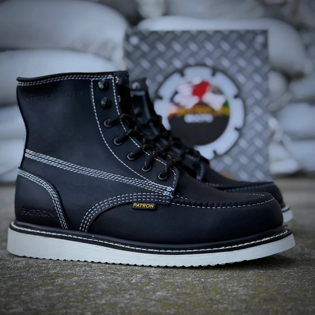 Patron Men’s Lace-Up Work Boots, Leather with Soft Toe and Wedge Sole, Moc Toe - Black - OriginalWestern.com