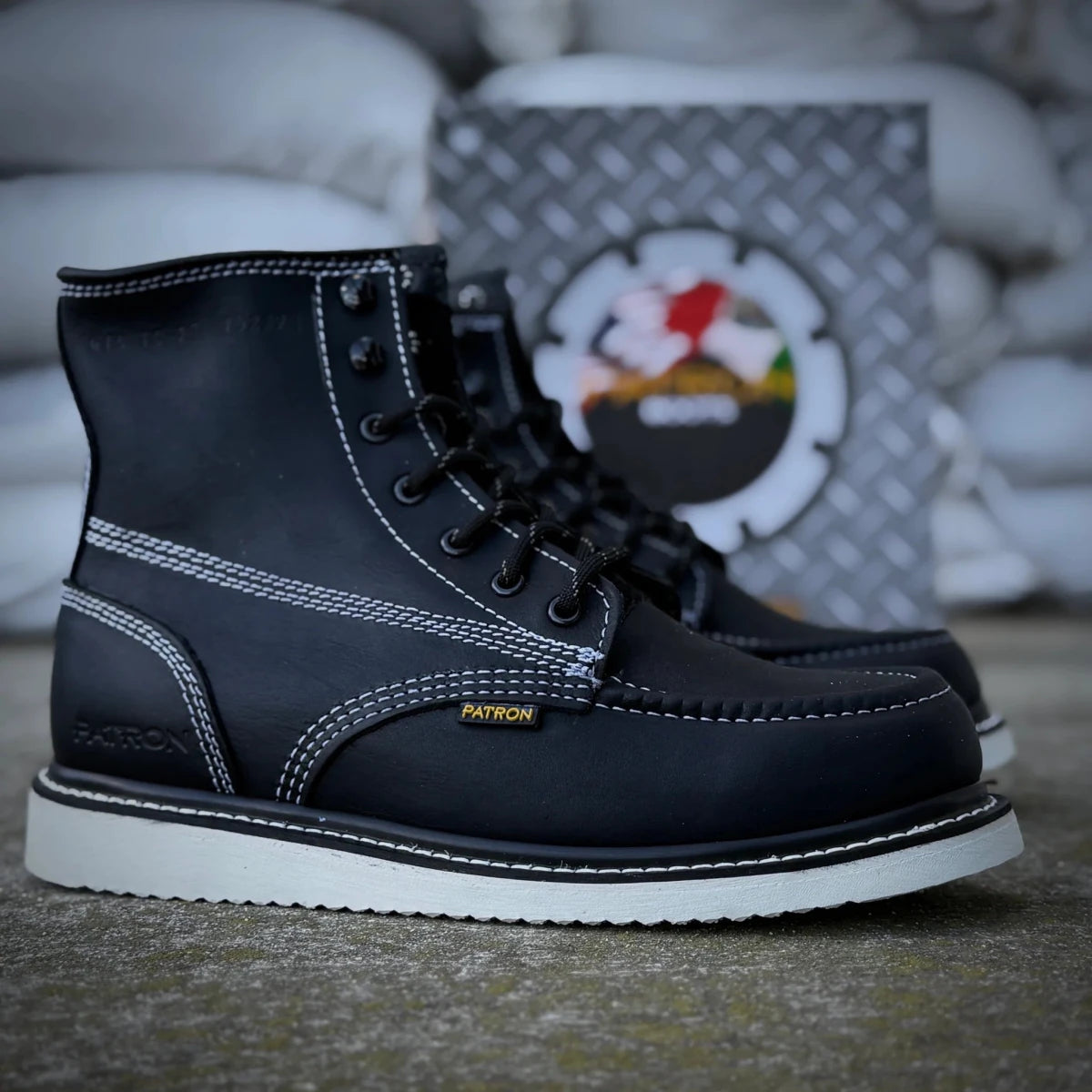 Patron Men’s Lace-Up Work Boots, Leather with Soft Toe and Wedge Sole, Moc Toe - Black - OriginalWestern.com