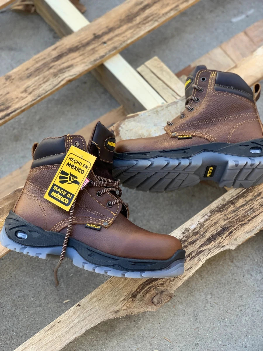 Patron Men’s Lace-Up Work Boots, Leather with Steel Toe and Lug Sole, Round Steel Toe - Dark Brown - OriginalWestern.com