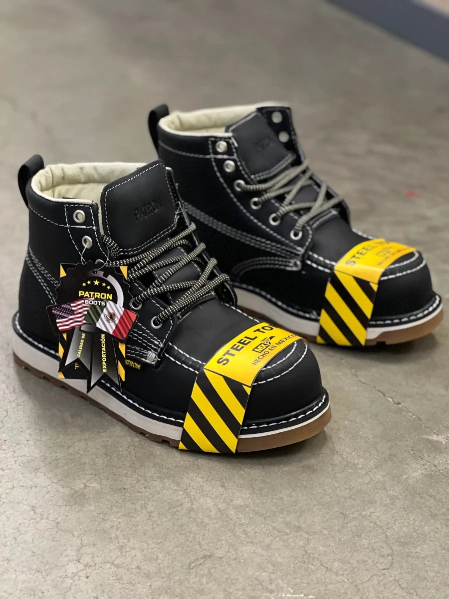 Patron Men’s Lace-Up Work Boots, Leather with Steel Toe and Wedge Sole, Moc Steel Toe - Black - OriginalWestern.com