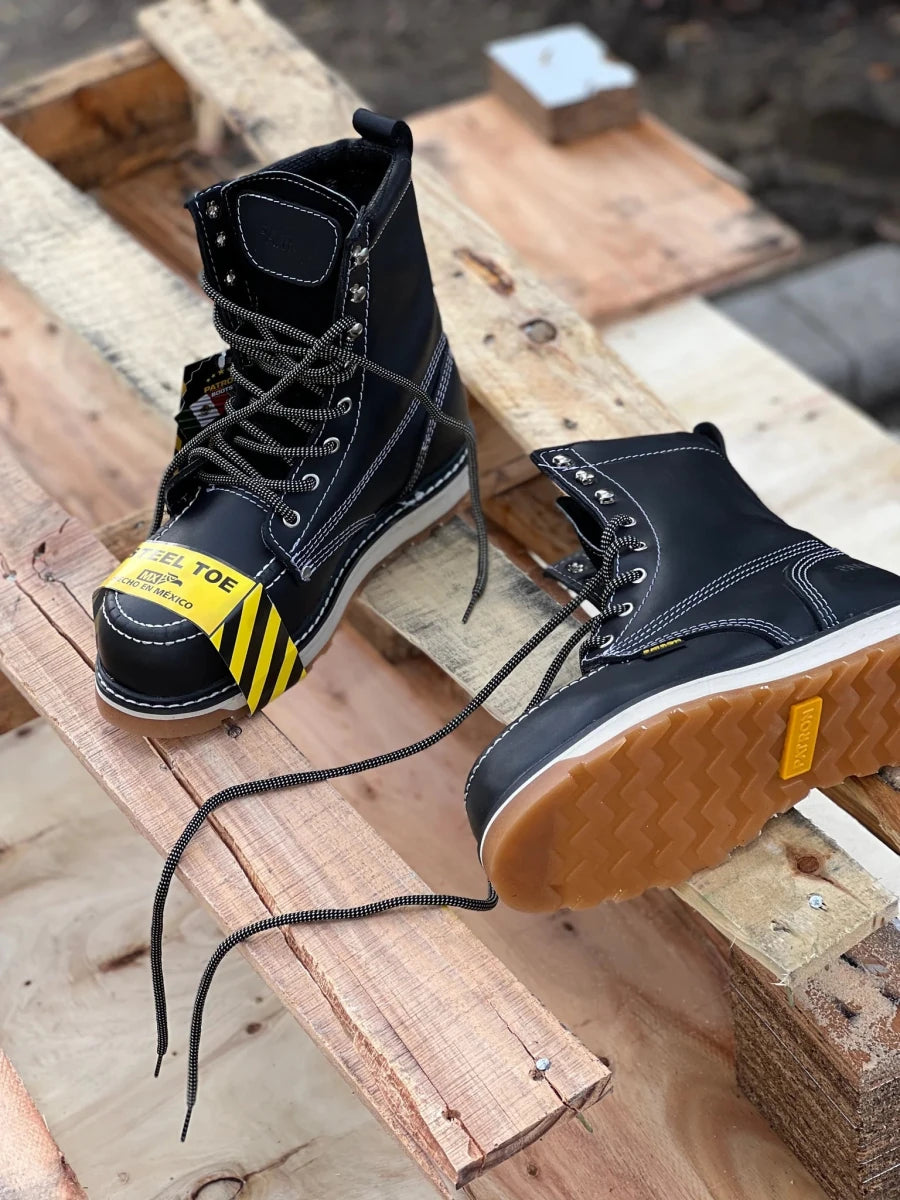 Patron Men’s Lace-Up Work Boots, Leather with Steel Toe and Wedge Sole, Moc Steel Toe - Black - OriginalWestern.com